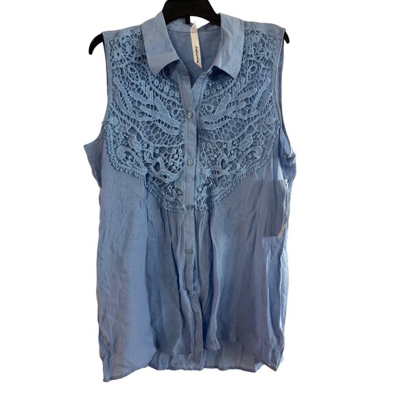 NY Collection Womens Medium Cotton Sleeveless Button-Up Lace Panel Shirt Blue Co - Picture 1 of 6